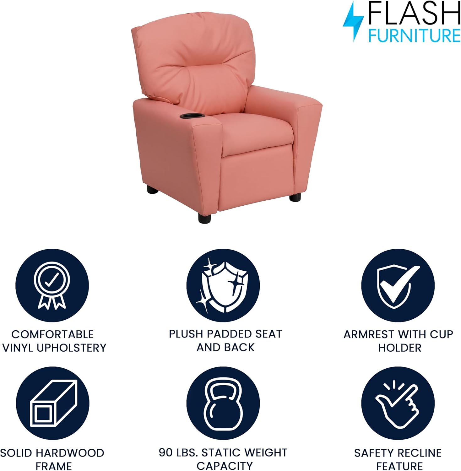 Flash Furniture Chandler Vinyl Kids Recliner with Cup Holder and Safety Recline, Contemporary Reclining Chair for Kids, Supports up to 90 lbs., Pink