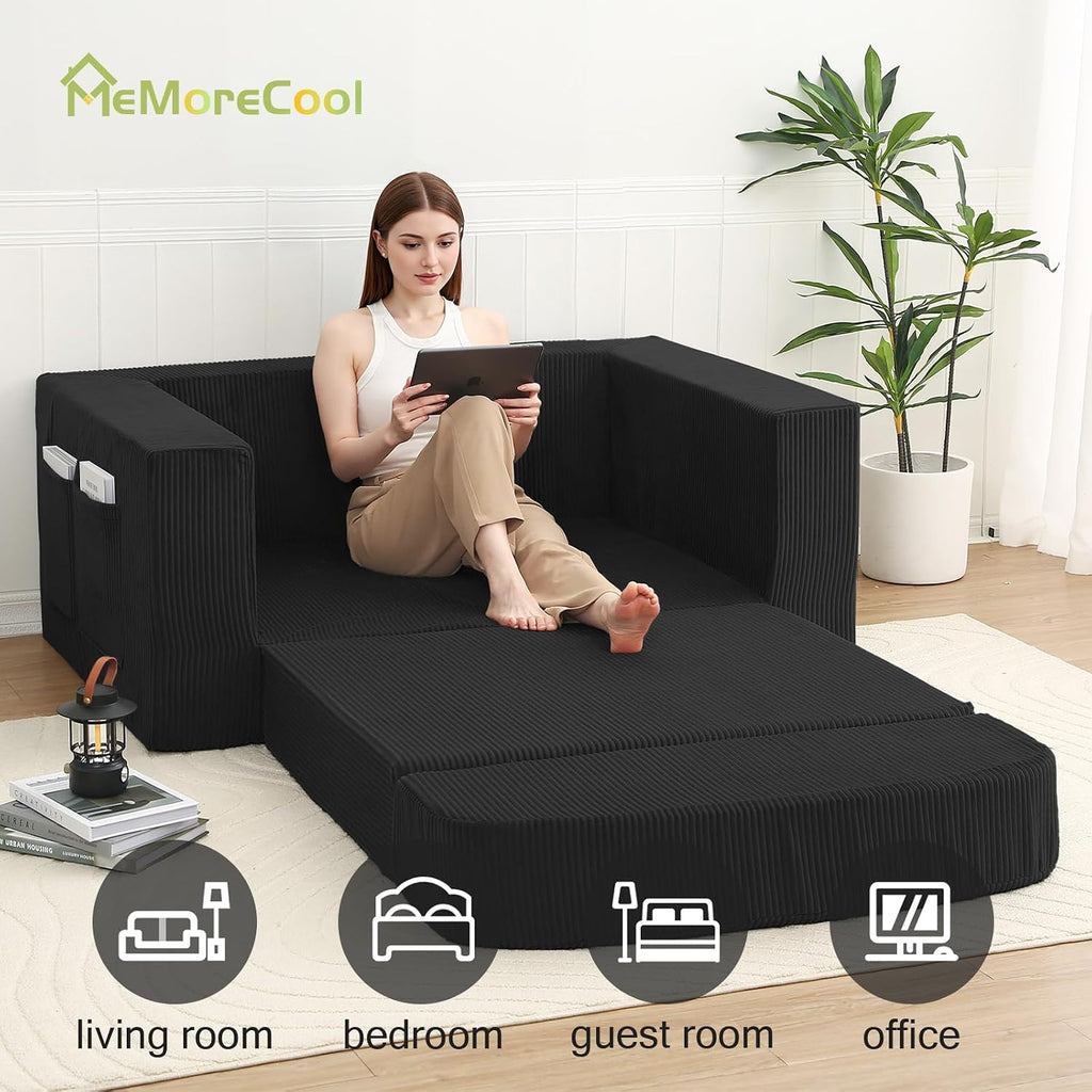 MeMoreCool Convertible Sofa Bed, Pull Out Loveseat Sleeper Sofa, Small Boneless Cloud Couch Bed for Adults, Fold Out Foam Love Seat Black, Corduroy Folding Floor Couch for Bedroom