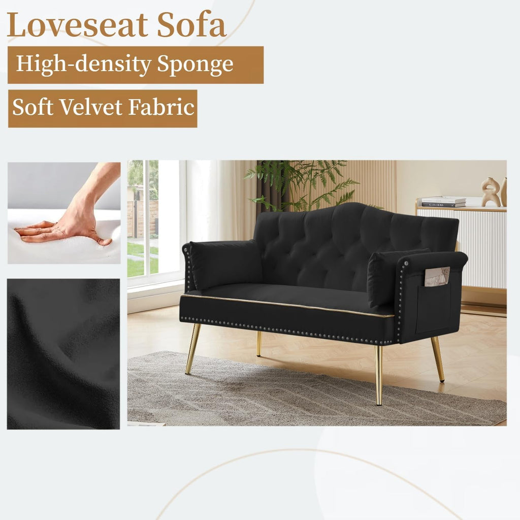 oaaktu Small Velvet Loveseat Sofa with Gold Metal Legs,55-inch Modern Sofa Couch with 2 Side Pockets,Couch with Tufted Backrest for Living Room Bedroom Office (Black)
