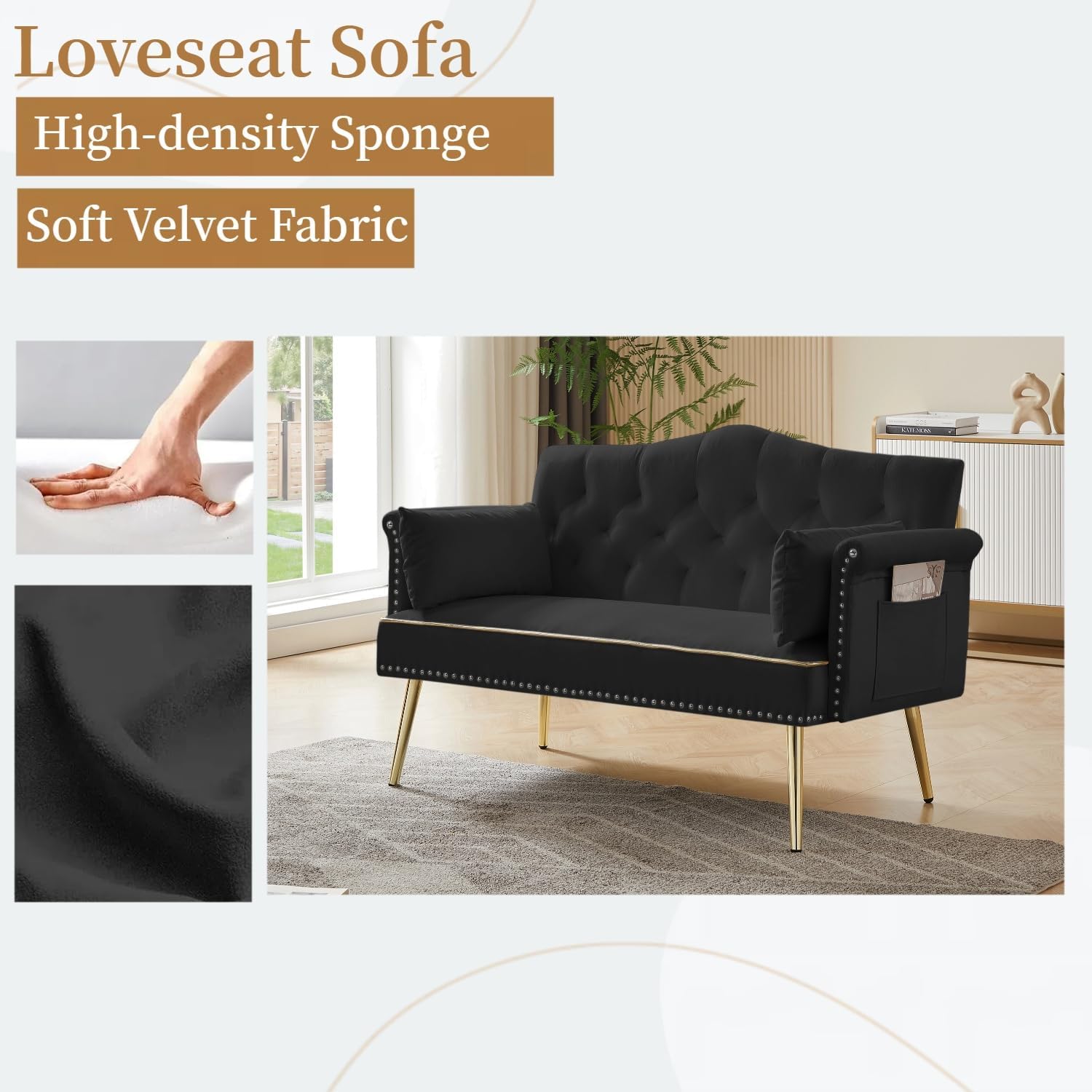 oaaktu Small Velvet Loveseat Sofa with Gold Metal Legs,55-inch Modern Sofa Couch with 2 Side Pockets,Couch with Tufted Backrest for Living Room Bedroom Office (Black)