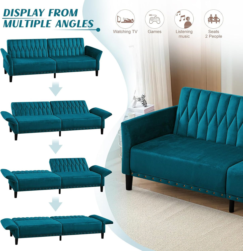 77 Inches Velvet Tufted Sofa Bed w/Adjustable Backrests & Armrests, Convertible Sleeper Sofa w/Nailhead Trim, Modern Loveseat Couch with Sturdy Legs for Living Room,Office,Teal