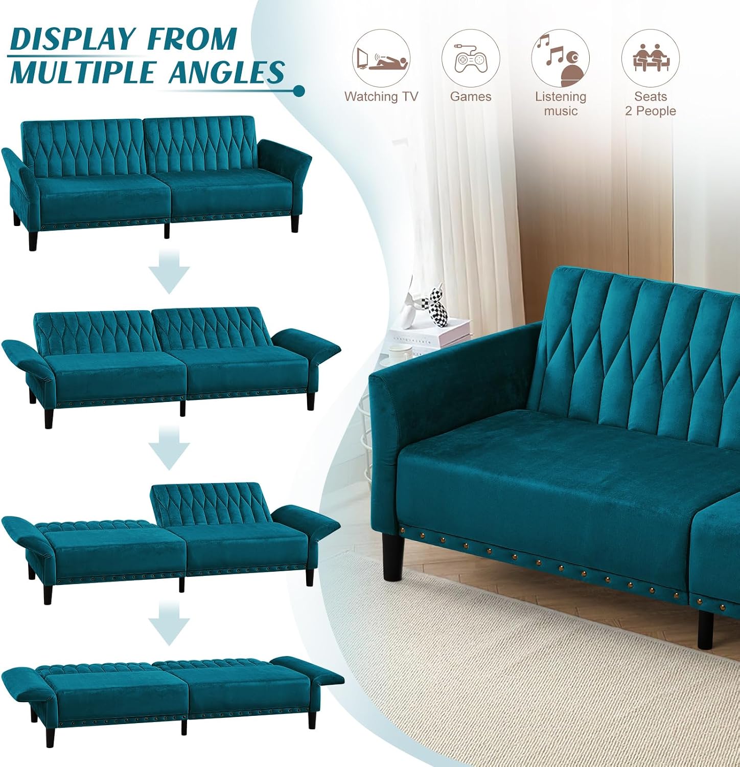 77 Inches Velvet Tufted Sofa Bed w/Adjustable Backrests & Armrests, Convertible Sleeper Sofa w/Nailhead Trim, Modern Loveseat Couch with Sturdy Legs for Living Room,Office,Teal