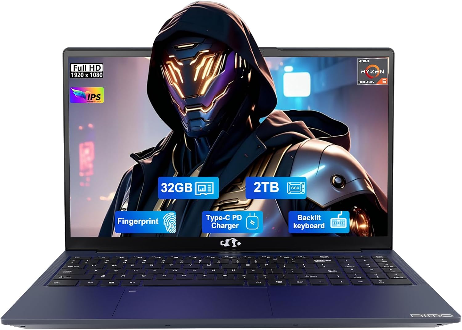 NIMO 15.6' IPS FHD-Business-Gaming-Laptop, AMD Ryzen 5 6600H, 32GB DDR5 RAM 2TB SSD (Beat i5-12450H, Up to 4.5GHz) 100W Type C Computer with 6-Cores 660M GPU, Fingerprint, Backlit Keyboard