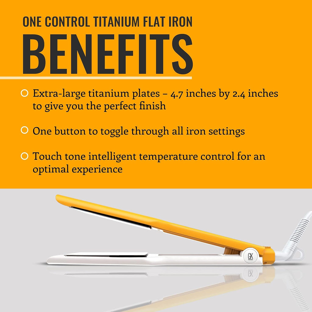 GK HAIR Global Keratin One Control Titanium Styling Flat Iron, 1.5 inches Wide Plates, Auto Shutoff, Professional Straightener, All Hair Types, 150C-232C