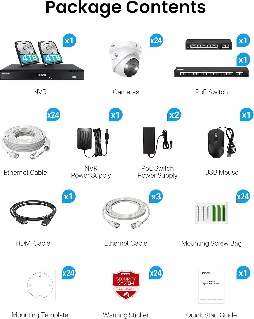 ZOSI 32 Channel 4K PoE Security Camera System, Face Person Vehicle Detection, 2 Way Audio, 24 x 8MP Spotlight Outdoor Indoor IP Cameras, 32CH 4K NVR with 8TB HDD for 24/7 Recording