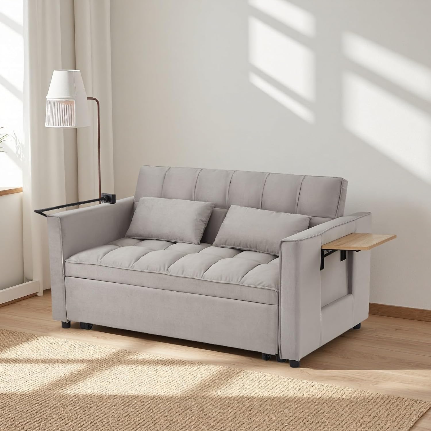 Loveseat Sleeper Sofa, 3 in 1 Convertible Sofa Bed, Adjustable Backrest Comfy Pull Out Couch, Modern Upholstered Sofa for Living Room Bedroom Apartment Small Space (Grey with Side Table)