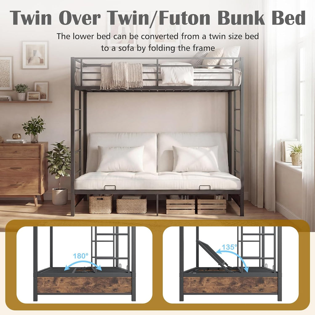 Giantex Twin Over Twin Futon Bunk Bed, Convertible Metal Bunk Bed with Futon Frame, 2 Ladders & Safety Guardrails, Heavy Duty Sofa Couch Beds with Under-Bed Space, for Kids, Adults (Rustic Brown)