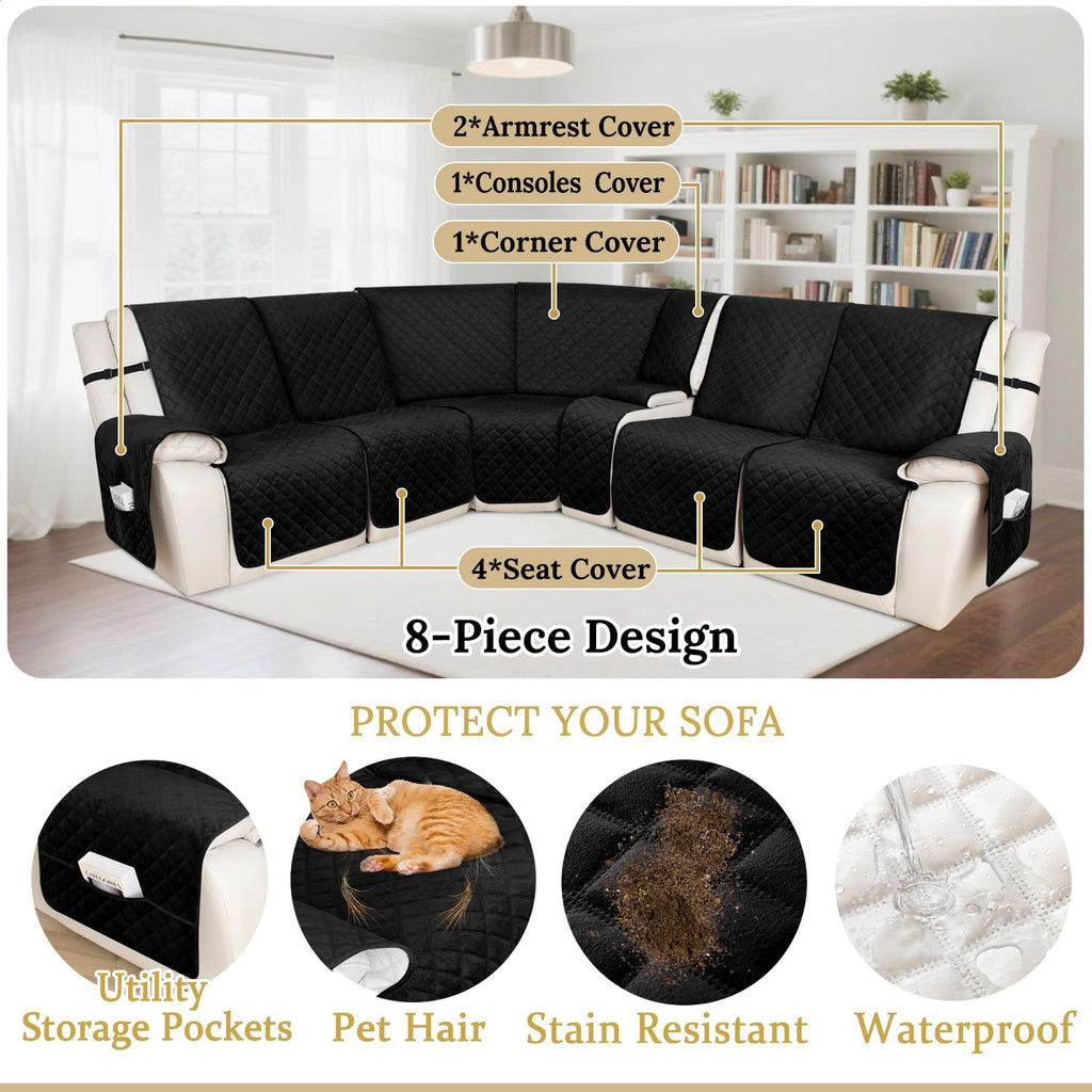 HDCAXKJ 100% Waterproof Velvet Recliner Sectional Couch Covers L Shaped Corner Reclining Sofa Cover Washable Thick Non Slip Sectional Slipcover with Pockets (5 Seat and 1 Middle Console, Black)