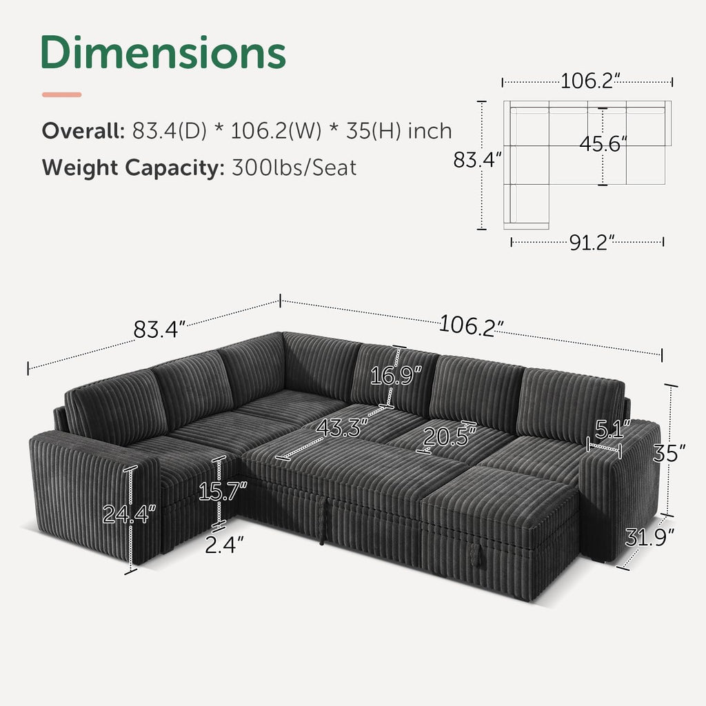 HONBAY Modular Sectional Sleeper Sofa with Pull Out Bed,Corduroy U Shaped Couch with Storage, Sectional Couches for Living Room,Dark Grey