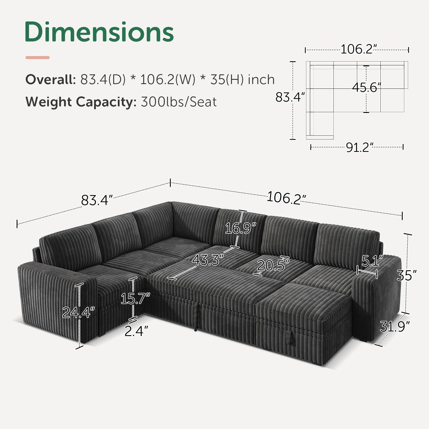 HONBAY Modular Sectional Sleeper Sofa with Pull Out Bed,Corduroy U Shaped Couch with Storage, Sectional Couches for Living Room,Dark Grey