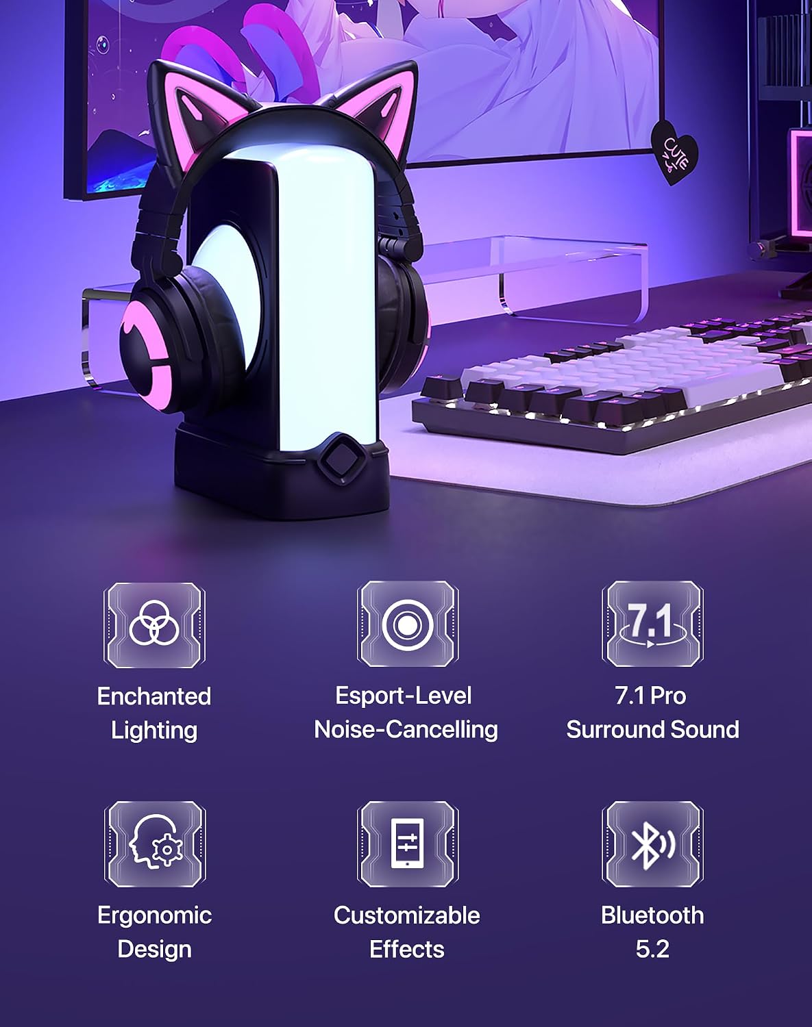 YOWU Cat Ear Headphones, Cute Cat Ear Gaming Headsets with Bluetooth 5.2 for PC/PE/Switch/PS4/PS5, Built-in Mic & Customizable RGB Light Effect for Anime Lovers(CE Black)
