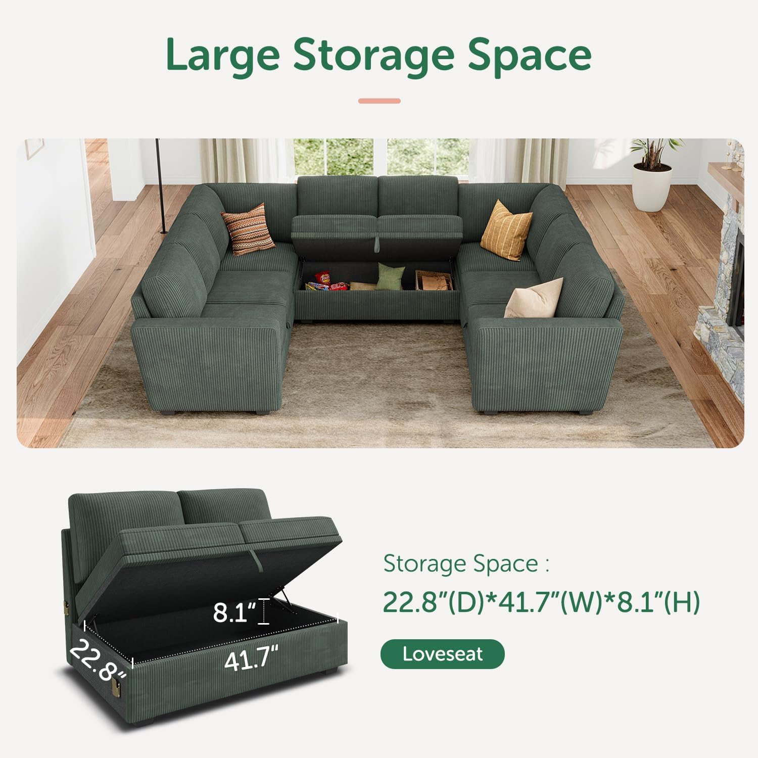 HONBAY Modular Sectional Pull Out Couch Bed, Corduroy Sleeper Sofa with Storage Seats, Oversized U Shaped Sectional Couches for Living Room, Green