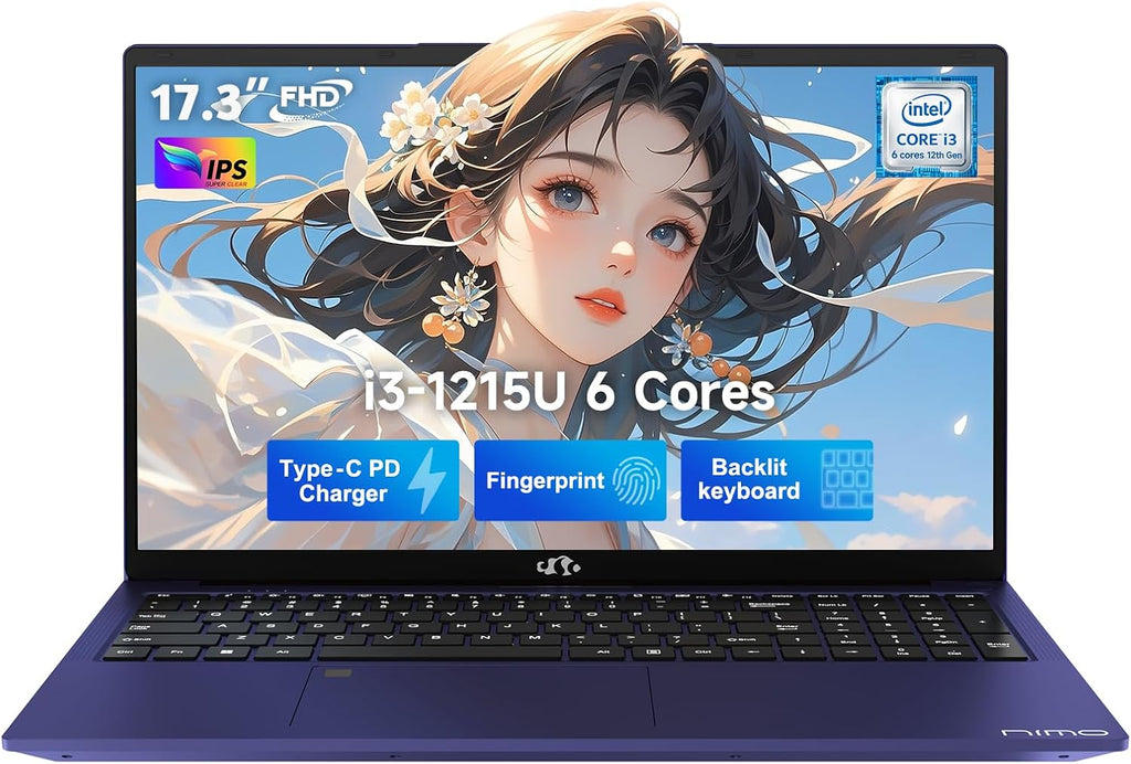 NIMO 17.3' IPS FHD-Student-Laptop, Intel 6 Cores i3-1215U 64GB RAM 1TB SSD (Beat 5 7520U, Up to 4.4GHz) Computer with 65W Type C Fingerprint Backlit Keyboard Wi-Fi 6 BT5.2, for Home and Business