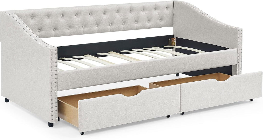 KEIKI Twin Size Upholstery Daybed with 2 Drawers and Headboard, Mid-Century Style Tufted Sofa Bed with Button on Back, Easy Assembly, No Box Spring Required, for Living Room and Bedroom, Beige