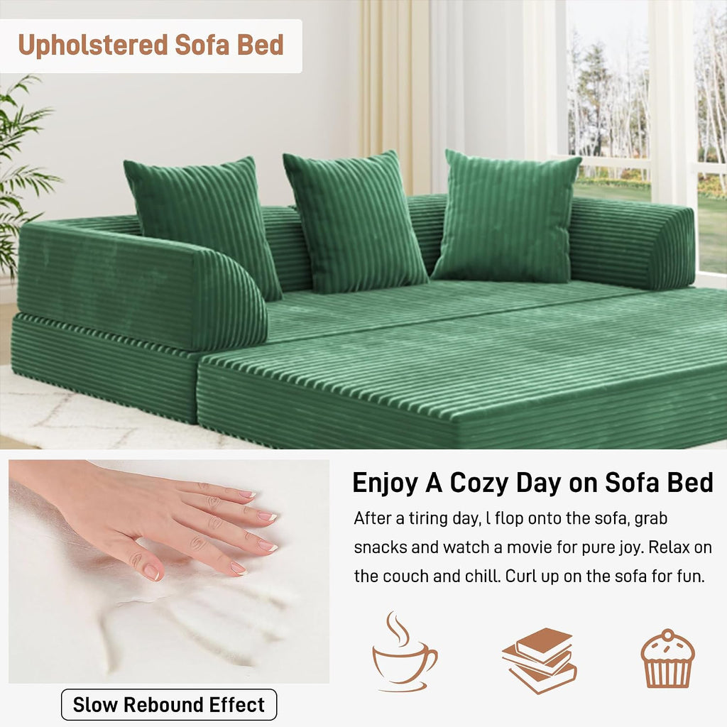 XVD 79' Boneless Sleeper Sofa Bed, Convertible Futon Couch with Pillows and Storage Pocket, Pull Out Compressed Sofa for Living Guest Room Bedroom, Green