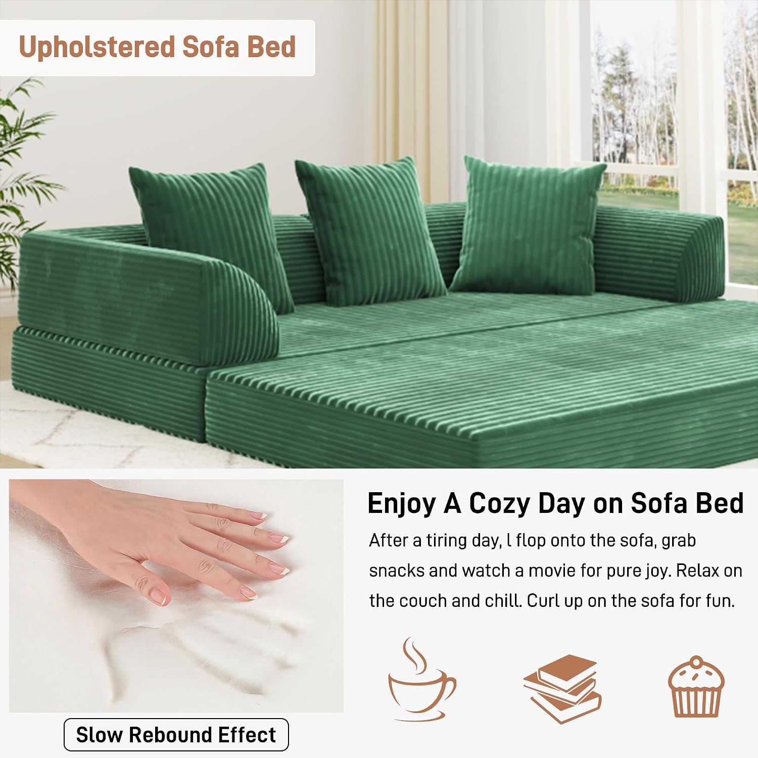 XVD 79' Boneless Sleeper Sofa Bed, Convertible Futon Couch with Pillows and Storage Pocket, Pull Out Compressed Sofa for Living Guest Room Bedroom, Green