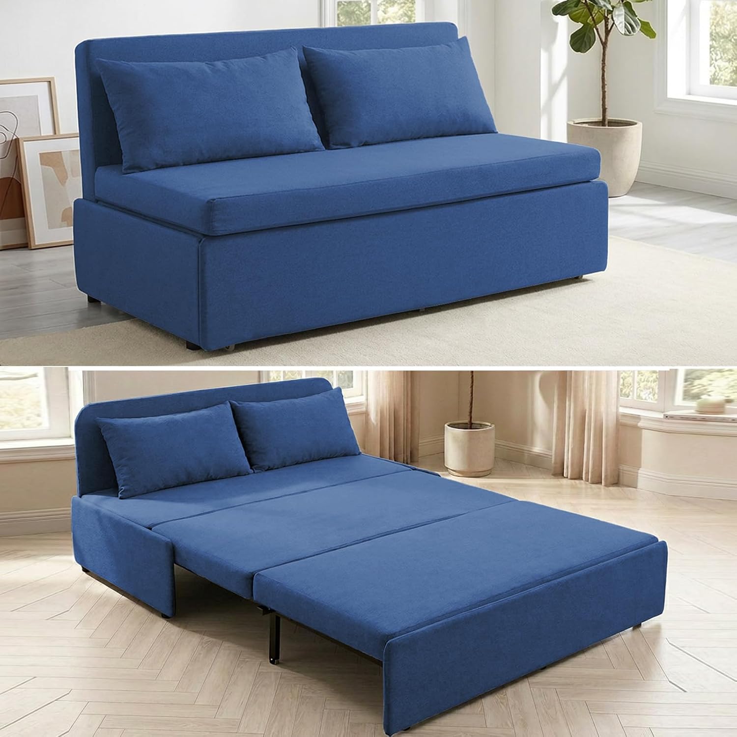 Mjkone 64' Width Queen Size Sleeper Sofa Bed, 2-in-1 Modern Convertible Linen Sofa Sleeper Pull Out Couch Bed with Cushions & Throw Pillows for Living Room Home Office Small Place, Blue