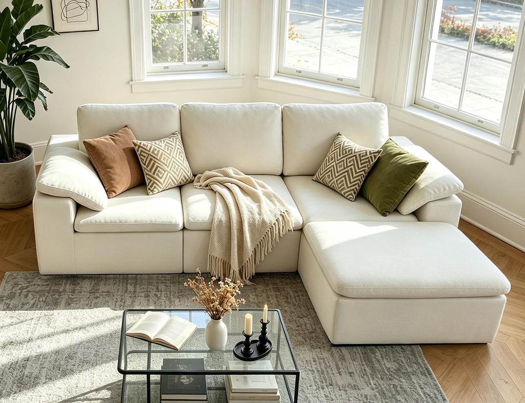 Nigoone 108' Sectional Couches for Living Room, Modular Cloud Sofa with Ottoman, Memory Foam Boneless L Shaped Couch, Adjustable Sofa Backrest, 4 Eater, Warm White | Breathable Material, Deep Seat, High-Resilience Foam