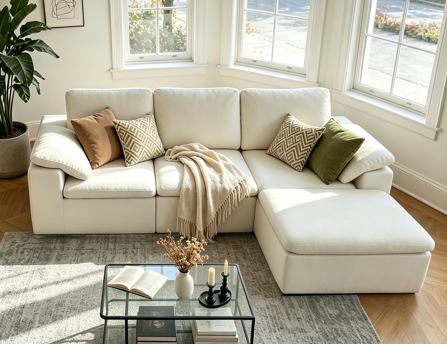 Nigoone 108' Sectional Couches for Living Room, Modular Cloud Sofa with Ottoman, Memory Foam Boneless L Shaped Couch, Adjustable Sofa Backrest, 4 Eater, Warm White | Breathable Material, Deep Seat, High-Resilience Foam