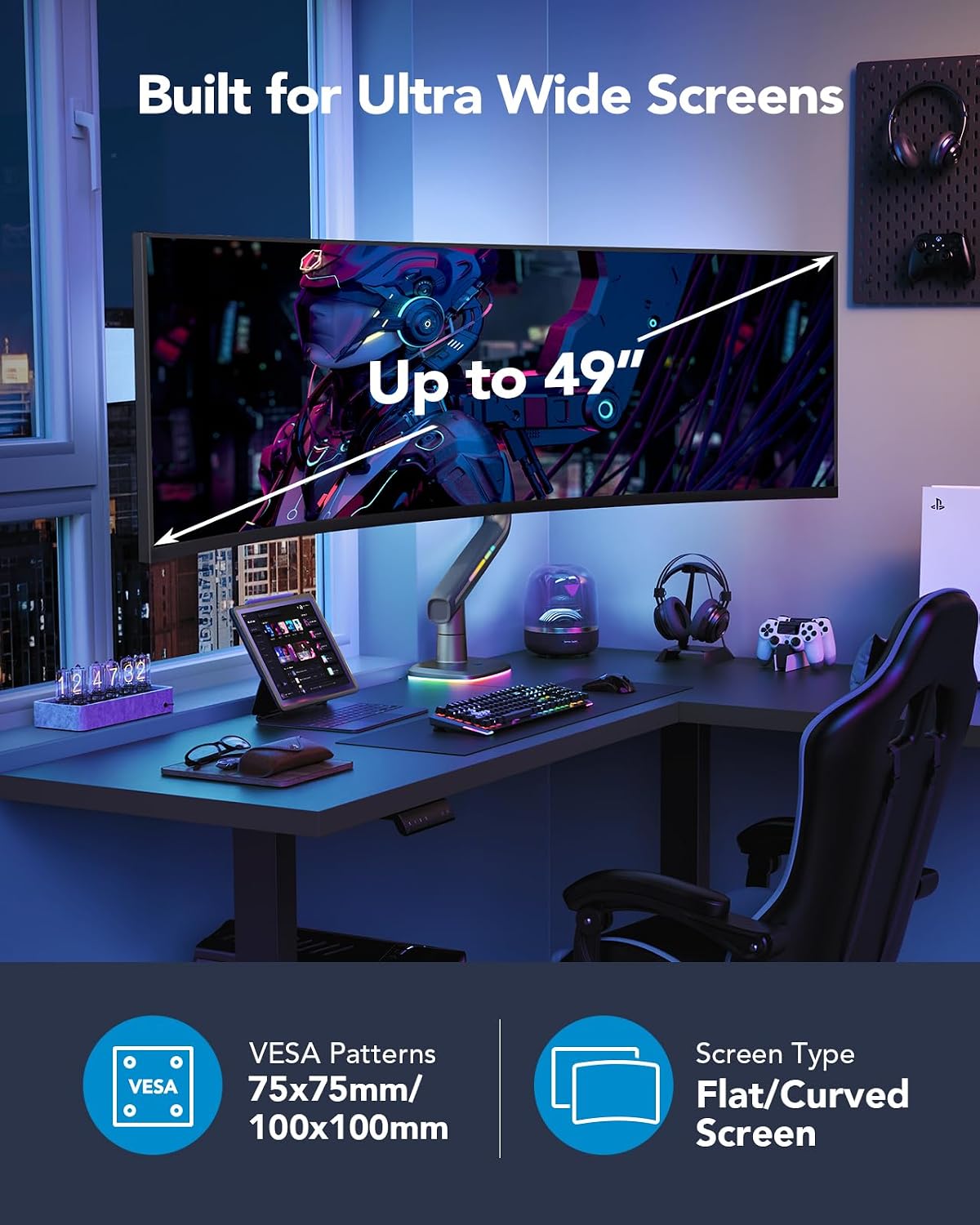 HUANUO TitanLift Monitor Arm for Ultrawide Screens up to 49″, Heavy-Duty Single Mount Holds 44 lbs, Fully Adjustable Gaming Monitor Arm with C-Clamp & Grommet Base, Max VESA 100 x 100mm, RGB