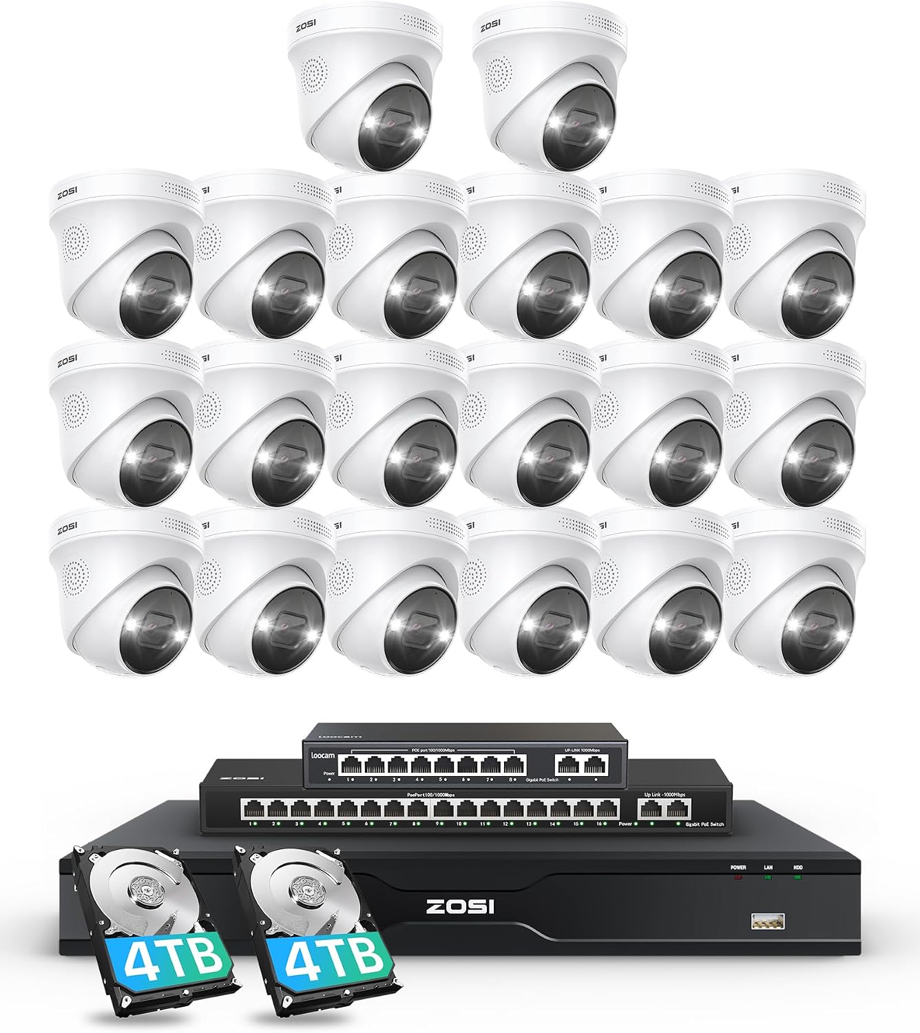 ZOSI 32 Channel 4K PoE Security Camera System, Face Person Vehicle Detection, 2 Way Audio, 20 x 8MP Spotlight Outdoor Indoor IP Cameras, 32CH 4K NVR with 8TB HDD for 24/7 Recording
