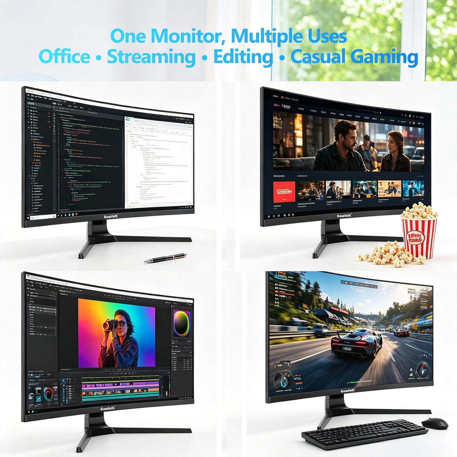 Gawfolk 32 Inch 4K Curved Monitor 60Hz, UHD 3840x2160 PC Monitor with Built-in Speakers, 1500R Computer Screen, FreeSync, Flicker-Free, HDMI/DP, Wall Mountable for Home Office, Gaming, Entertainment