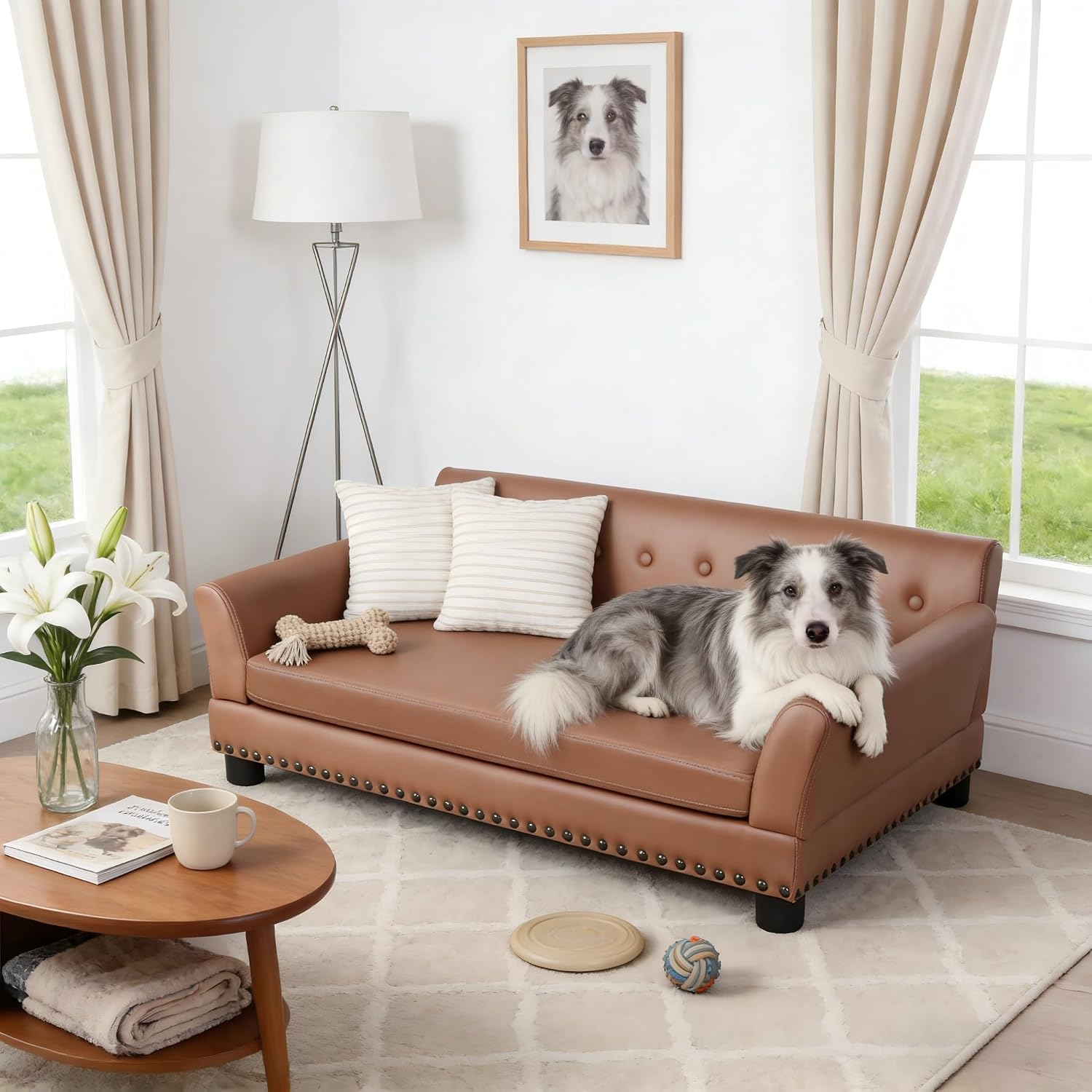 BingoPaw Large Leather Dog Sofa: Pet Couch Lounge Made by Scratching Resistant Microfiber Leather - Doggy Modern Chaise Daybed with Leatherier Cover for Pets Up to 80lbs