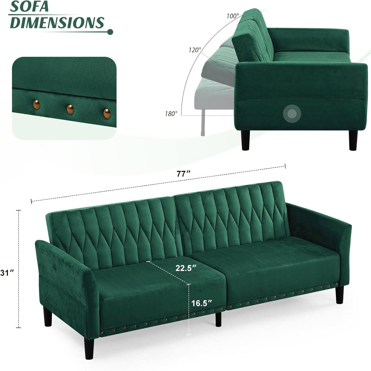 77' Velvet Sleeper Couch with Adjustable Backrests & Armrests, Modern Sofa Bed with Nailhead Trim, Tufted Loveseat Sofa with Deeper Seat for Living Room,Office,Green