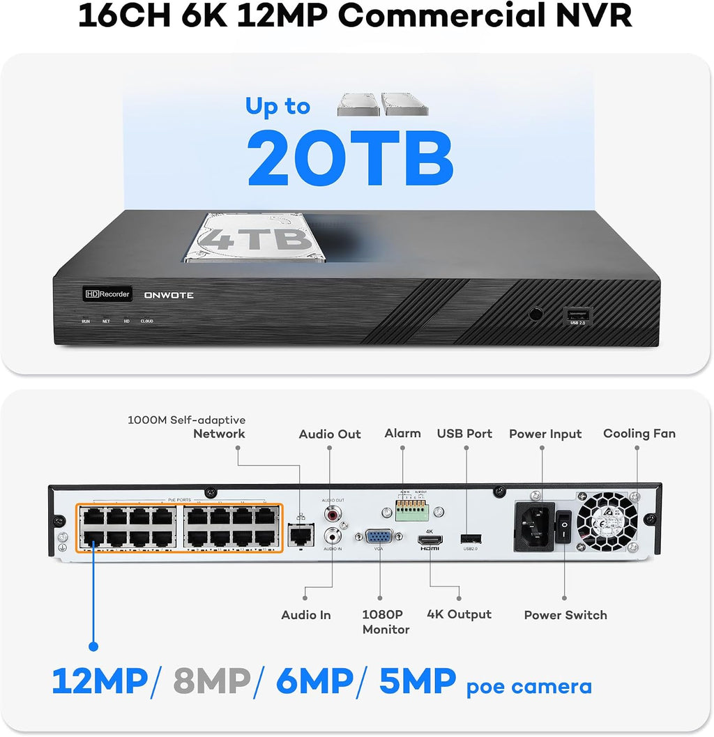ONWOTE 16 Channel 4K PoE Security Camera System, 16CH 12MP Commercial NVR 4TB, 16x 8MP 134° Outdoor IP Cameras with Audio, AI Detect Human Vehicle, 16x Cables (Total 1280ft), Wired CCTV for Businesses