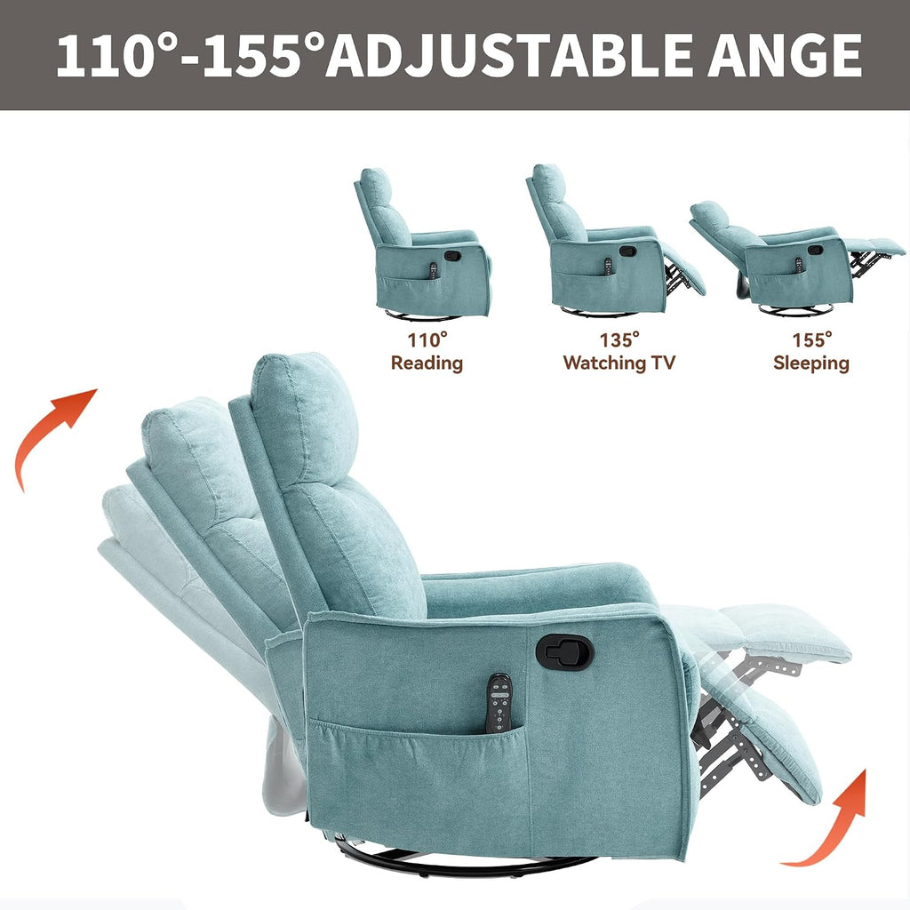 Massage Chair Recliner with Heat, 360° Swivel Glider Rocker with Reclining Backrest and Footrest, Manual Lazy Boy Recliners for Adults, Modern Nursery Rocking Chairs (Antique Blue Green)