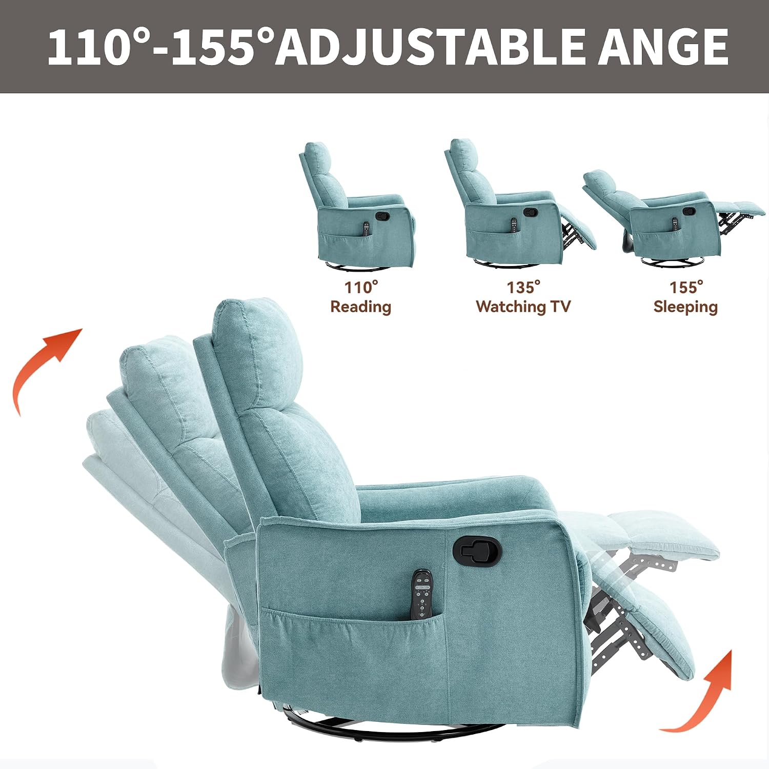 Massage Chair Recliner with Heat, 360° Swivel Glider Rocker with Reclining Backrest and Footrest, Manual Lazy Boy Recliners for Adults, Modern Nursery Rocking Chairs (Antique Blue Green)