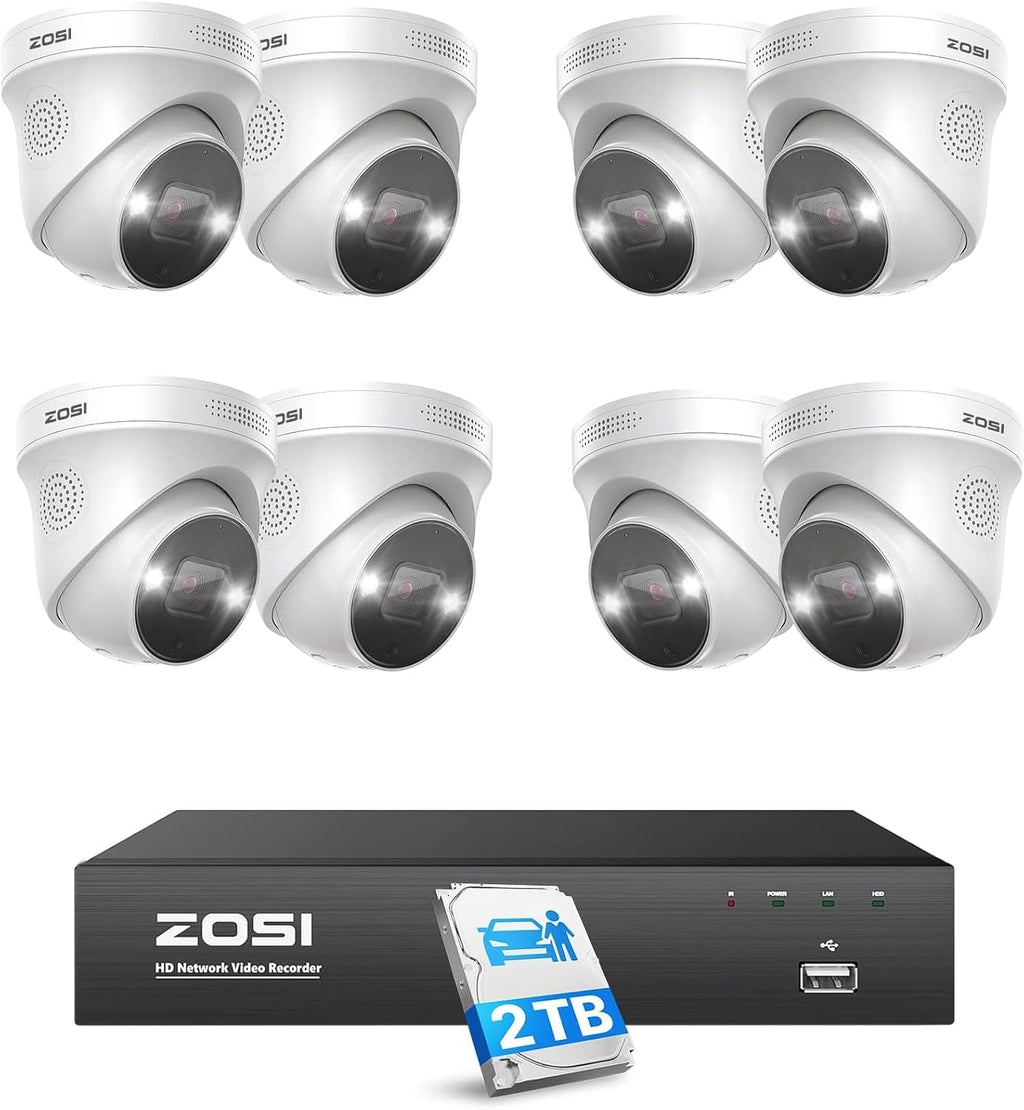 ZOSI 8CH 4K HD PoE Security Camera System with 2TB Hard Drive, 8CH 8MP NVR with 8 x 4K Dome Surveillance Cameras, Person Vehicle Detection, 2 Way Audio, Color Night Vision, for 24/7 Recording