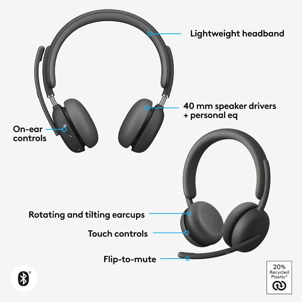 Logitech Zone Wireless 2 Premium Noise Canceling Headset with Hybrid ANC, Certified for Microsoft Teams Over Native Bluetooth and Fast Pair, Engineered for Intel Evo laptops, Graphite