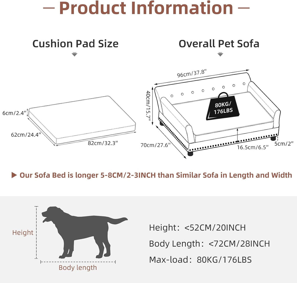 BingoPaw Large Leather Dog Sofa Bed: Pet Couch Orthopedic Made by Scratching Resistant Microfiber Leather - Doggy Heavy Duty Raised Daybed with Thicken Foam for Pets up to 80lbs