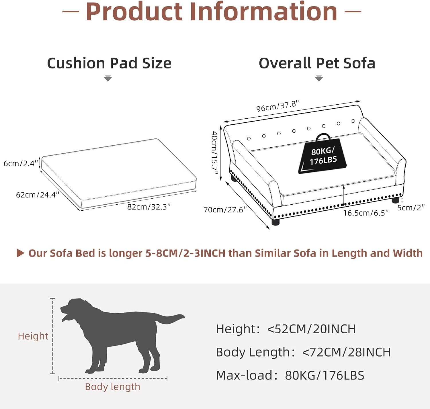 BingoPaw Large Leather Dog Sofa Bed: Pet Couch Orthopedic Made by Scratching Resistant Microfiber Leather - Doggy Heavy Duty Raised Daybed with Thicken Foam for Pets up to 80lbs