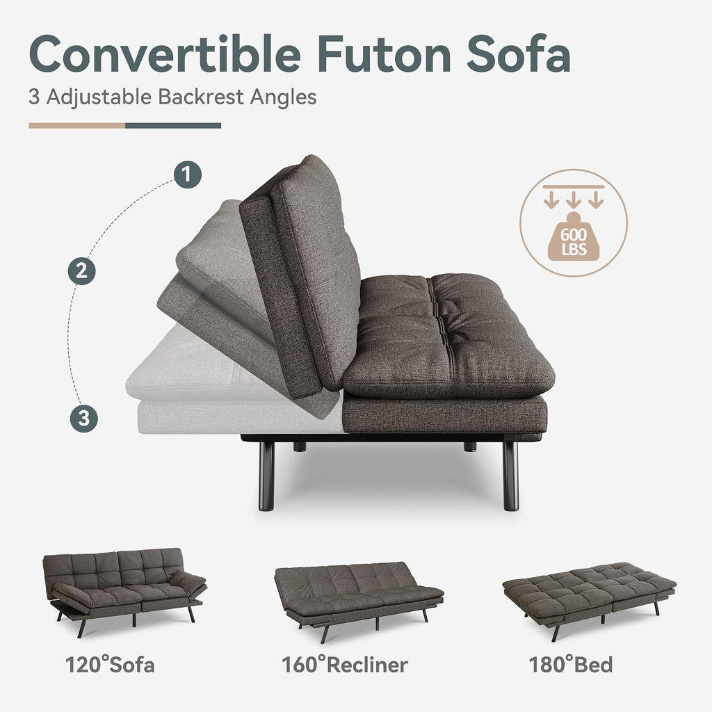 Futon Sofa Bed Convertible Couch, Grey Linen Sofa Bed with Memory Foam, Adjustable Backrest & Armrests, Multifunctional Small Loveseat Sleeper Sofa for Living Room, Apartment, Office