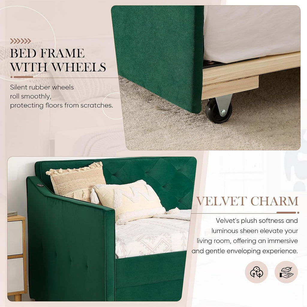 Antetek Daybed with Pop up Trundle, Fabric Upholstered Twin Size Day Bed Pull-Point Sofa Daybed Frame w/Twin Roll-Out Trundle/USB Port, Furniture for Bedroom, Living Room, Guest Room, Green