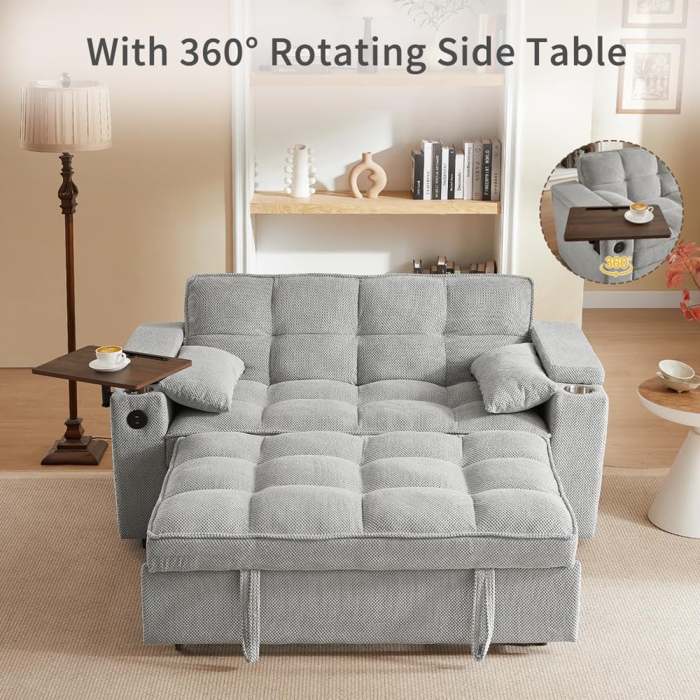 Auvsoce 65'' Convertible Sleeper Sofa Bed with Adjustable Backrest, Chaise Lounge, Side Table & USB/Type-C Ports – Stylish & Functional Addition to Any Living Room (Fashion Light Grey)