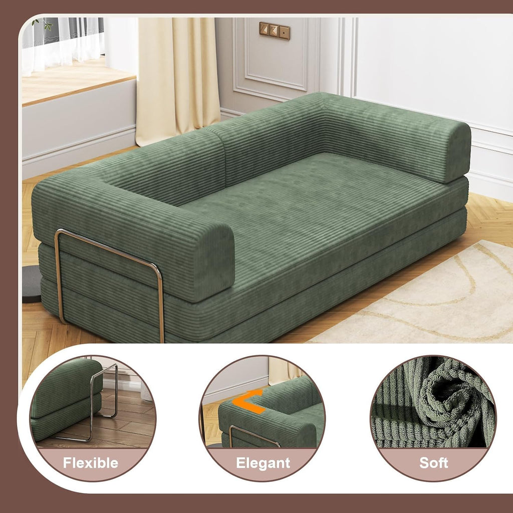 Convertible Corduroy Sleeper Sofa Bed,Folding Mattress Couch with Fixed-Shape Frame, 3 Seater Fold Out King Size Futon,No Assembly Floor Couch for Living Room Dorm Studio 78.7*39.4*29.6 Inch Green