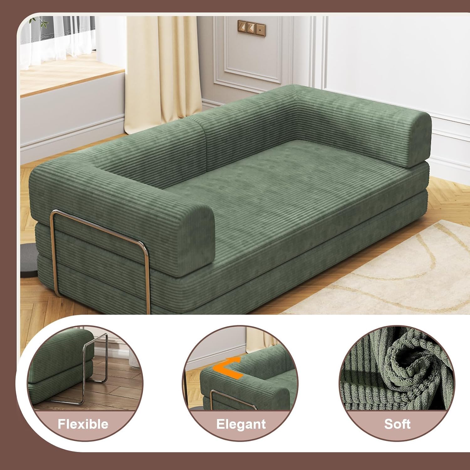 Convertible Corduroy Sleeper Sofa Bed,Folding Mattress Couch with Fixed-Shape Frame, 3 Seater Fold Out King Size Futon,No Assembly Floor Couch for Living Room Dorm Studio 78.7*39.4*29.6 Inch Green