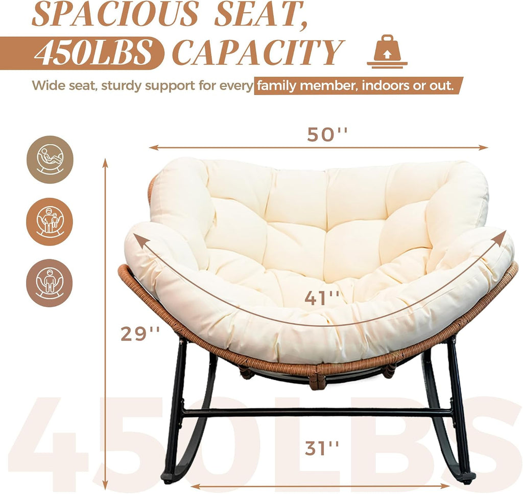 BULEXYARD Oversized Rocking Egg Chair Indoor Outdoor, Wicker Royal Papasan Rocking Chair with Beige Thick Cushion, 450 Lbs Heavy Duty Comfy Recliner Lounge Rocker for Balcony, Porch, Backyard, Lawn