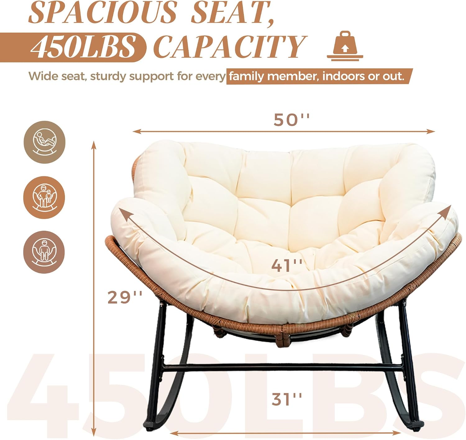 BULEXYARD Oversized Rocking Egg Chair Indoor Outdoor, Wicker Royal Papasan Rocking Chair with Beige Thick Cushion, 450 Lbs Heavy Duty Comfy Recliner Lounge Rocker for Balcony, Porch, Backyard, Lawn