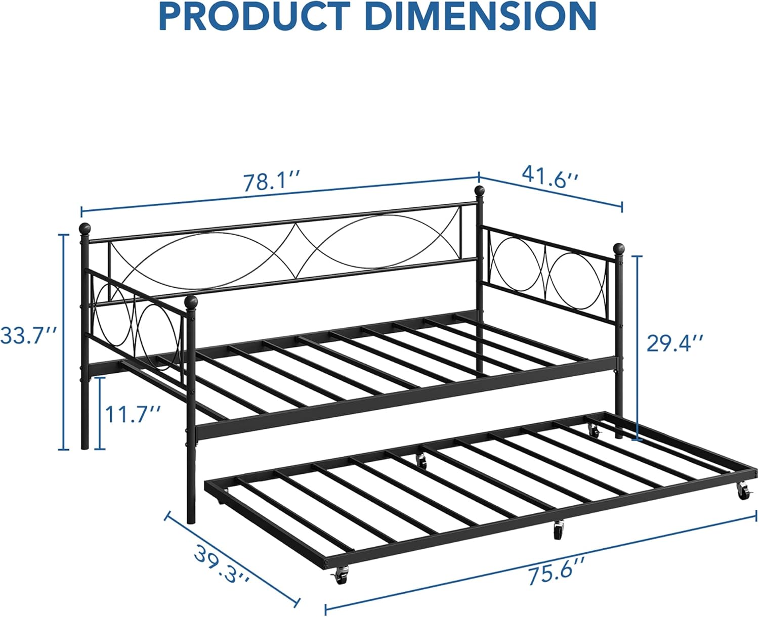 IDEALHOUSE Twin daybed with Trundle, Metal Twin Daybed and Trundle Set, Day Bed Sofa Bed Frame with Steel Slat Support, Multifunctional Daybed Frame for Bedroom (Modern - Black)