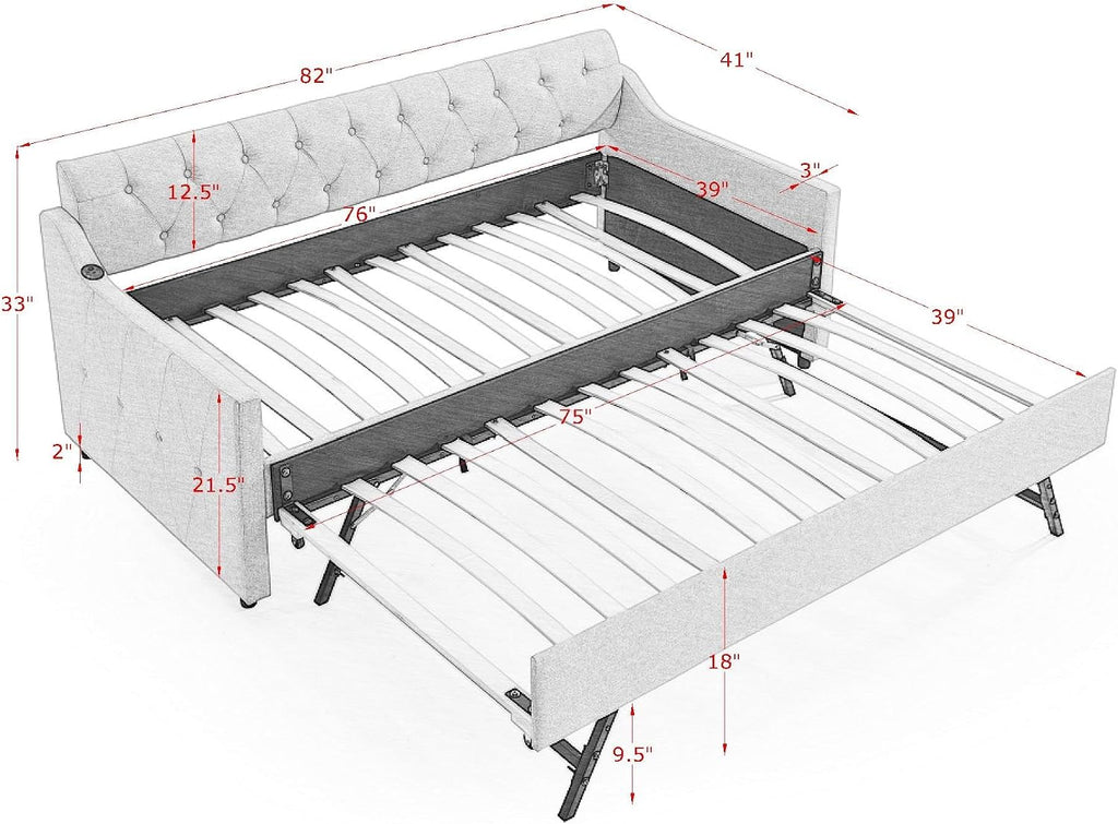 KEIKI Twin Size Upholstery Daybed with Trundle and USB Charging Design, Twin to King Design Mid-Century Extendable Sofa Bed, Easy Assembly, No Box Spring Required, for Living Room, Bedroom, Dark Grey