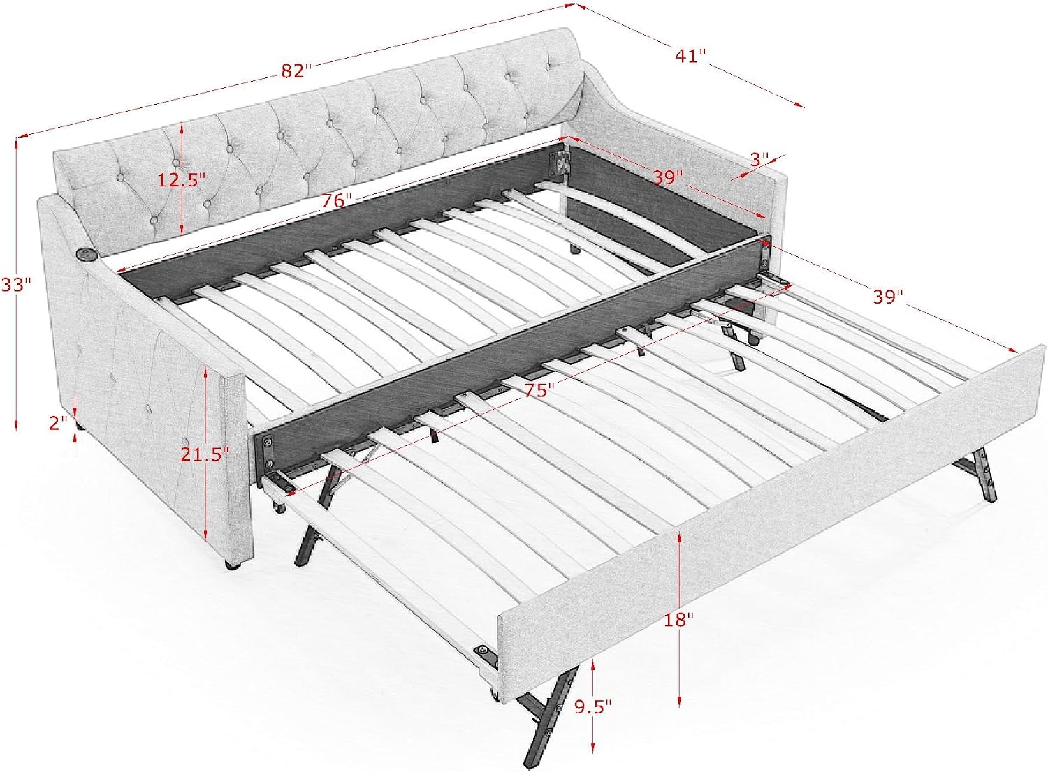 KEIKI Twin Size Upholstery Daybed with Trundle and USB Charging Design, Twin to King Design Mid-Century Extendable Sofa Bed, Easy Assembly, No Box Spring Required, for Living Room, Bedroom, Dark Grey