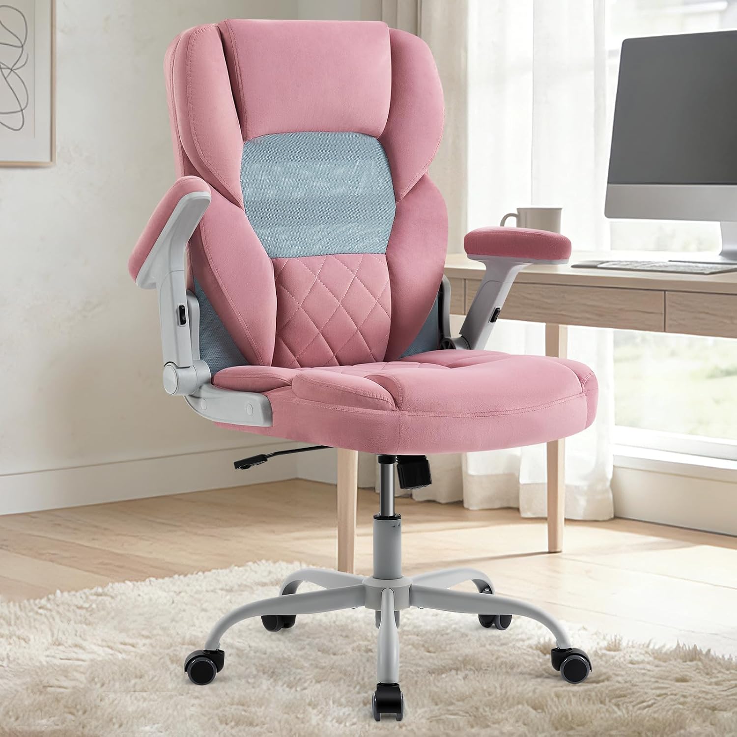 SEATZONE Rose Home Desk Office Chair with Arms and Wheels, Comfortable Executive Computer Chair, Breathable Mesh and Velvet Fabric Swivel Task Chairs for Women&Girls