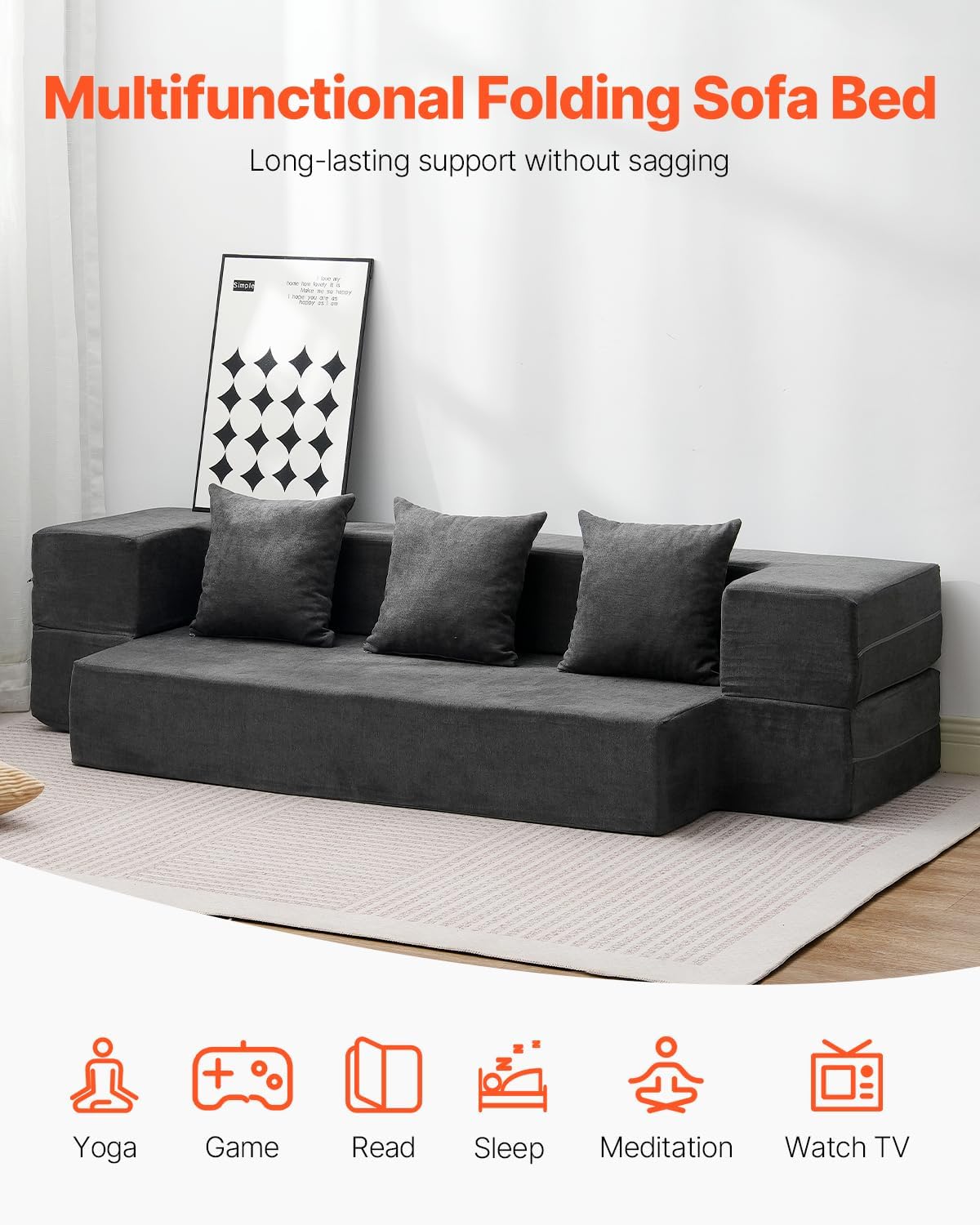 VEVOR Folding Sofa Bed, 3-in-1 Foldable Couch Bed with 3 Pillows and Washable Cover, 25D High Density Memory Foam Convertible Sleeper Chair Bed, Futon Couch, Dark Grey(Twin XL)