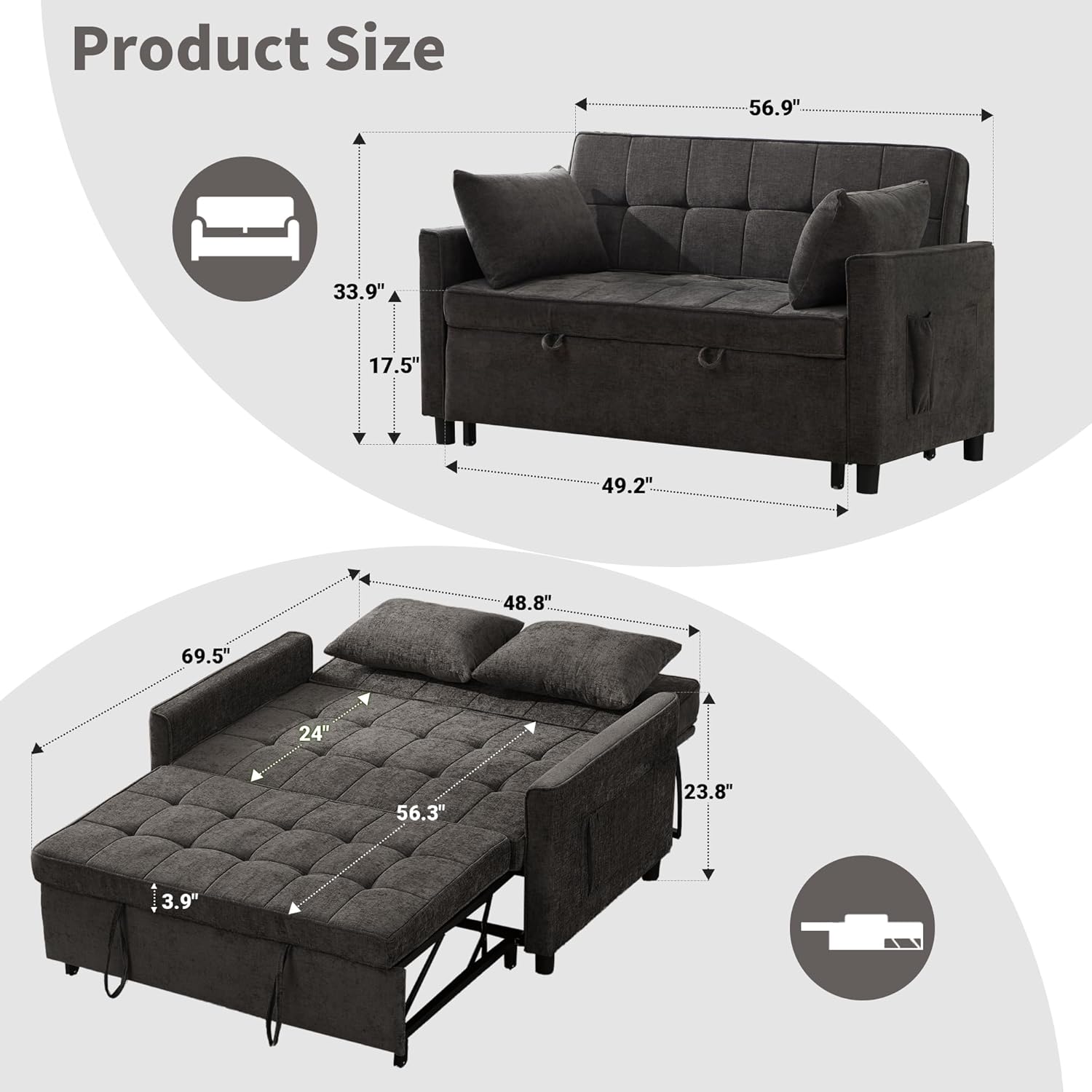 Tbfit 57' Convertible Sofa Bed, Chenille Futon Sleeper Sofa Couch with Pullout Bed, USB & Adjustable Backrest, Full Size Pull Out Loveseat Couches for Living Room, Apartment, Office, Dorm, Dark Grey