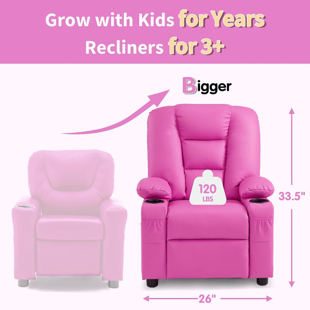 MCombo Big Kids Recliner for Ages 3+, Child Reclining Chair, Toddlers Recliner Sofa with Cup Holders, Faux Leather, 7322(Pink)