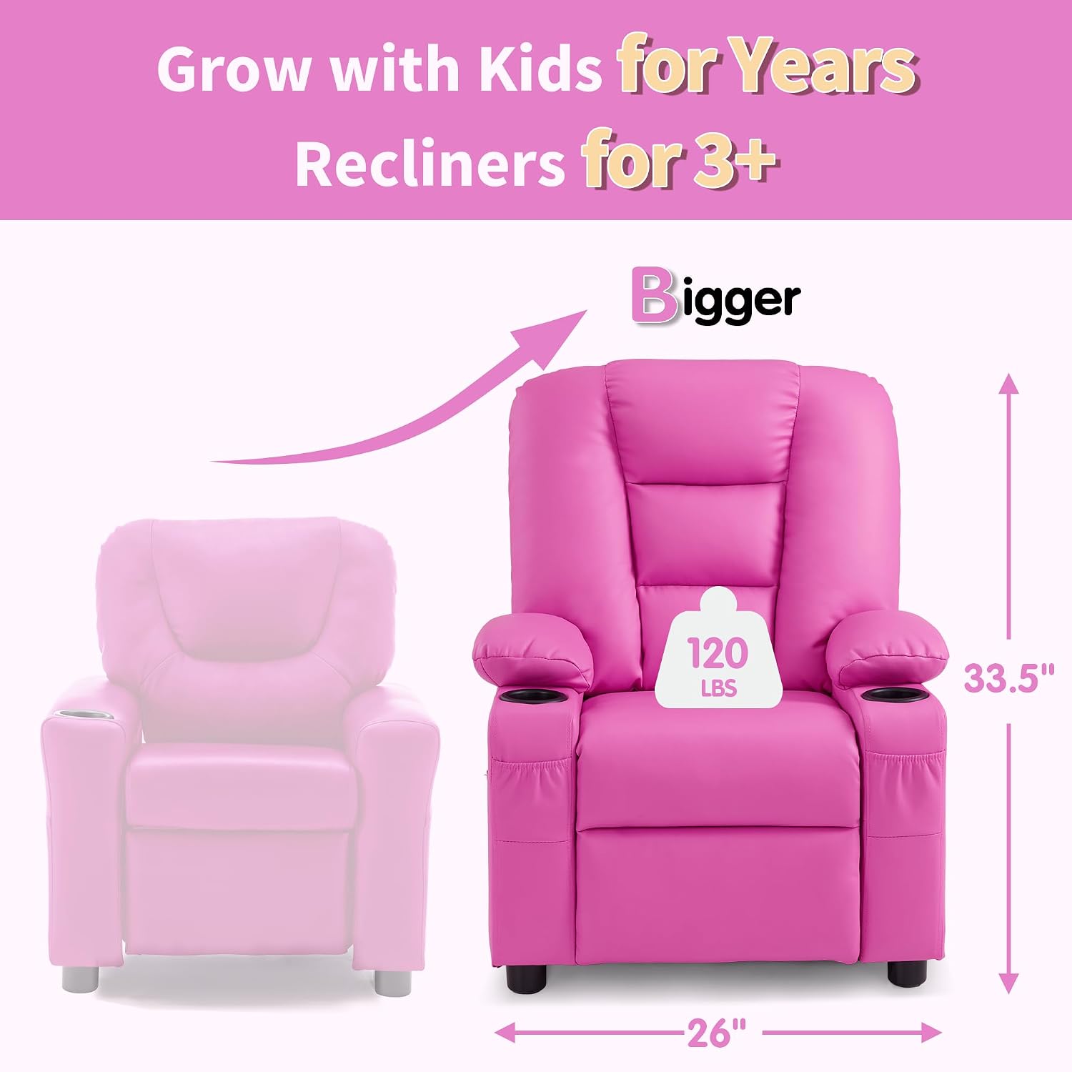 MCombo Big Kids Recliner for Ages 3+, Child Reclining Chair, Toddlers Recliner Sofa with Cup Holders, Faux Leather, 7322(Pink)